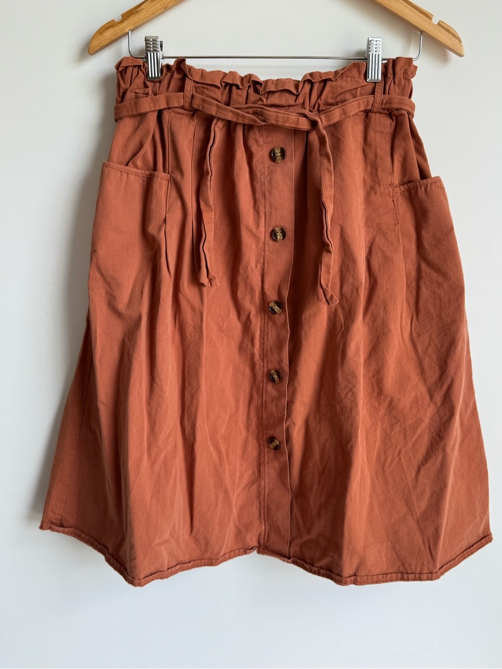Sadie & Love LA Rust Paperbag Waist Button Front A-Line Skirt Belt Pockets Small